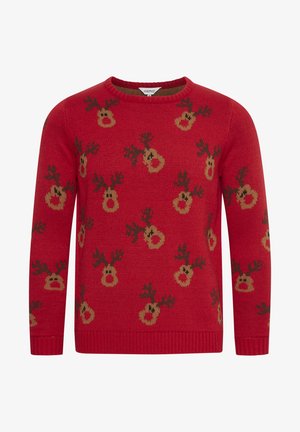 Červený pletený sveter s okrúhlym výstrihom, ktorý má opakujúci sa vzor sobích tvárí v béžovej a hnedej farbe a ribbované manžety a spodný lem.