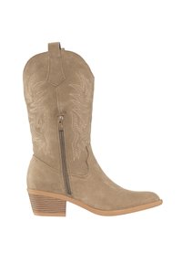 Botas de cowboy de ante color marrón claro con punta afilada, que presentan costuras decorativas y una cremallera lateral. Un tacón apilado añade estabilidad y estilo.