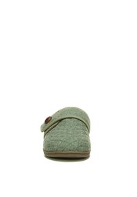 Green felt slipper with quilted texture, rounded toe, adjustable strap, and a brown button accent. Flexible sole and closed-back design.