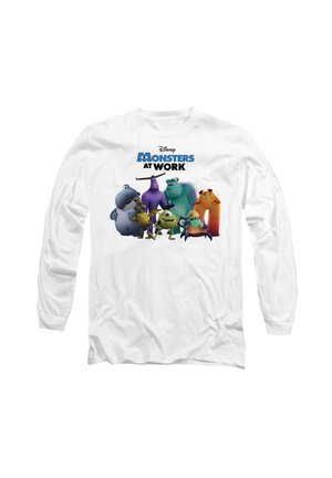 Weißes Langarmshirt mit bunten Monsters at Work-Figuren und Logo, mittig auf der Vorderseite.