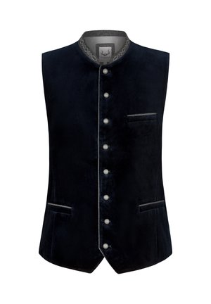 Navy velvet waistcoat featuring a stand collar, six silver buttons, and two front pockets with contrasting trim along the edges.
