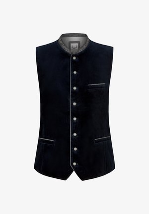 Marineblaues Samtweste mit Stehkragen, sechs silbernen Knöpfen und zwei Fronttaschen mit kontrastierendem Besatz an den Kanten.