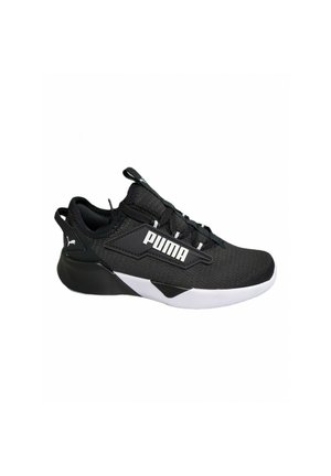 Scarpa sportiva nera con una tomaia in tessuto testurizzato, marchio bianco, suola in gomma robusta e design sinuoso. Presenta lacci e una linguetta sul tallone.