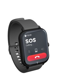Orologio smartwatch nero con schermo touch rettangolare che mostra "SOS" in bianco, un pulsante rosso per le chiamate sottostante e un cinturino in silicone con fori di ventilazione.