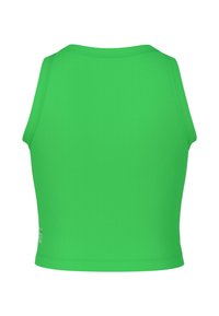 Green, sleeveless crop top made from stretch fabric. Smooth texture, rounded neckline, and a fitted design. No visible logos or patterns.