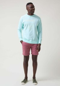 Sudadera turquesa con letras doradas, combinada con pantalones cortos rosas y zapatillas verdes. Tejido suave con un corte relajado.