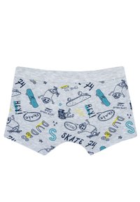 Šedé dětské kraťasy s hravým tématem skateboardingu, které obsahují ilustrace, text a akcenty v modré, žluté a černé barvě. Měkká, bavlněná látka.