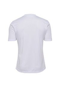 Kortärmad vit sporttröja med rund hals, slät textur och platta sömmar. Inga synliga mönster eller logotyper på baksidan.