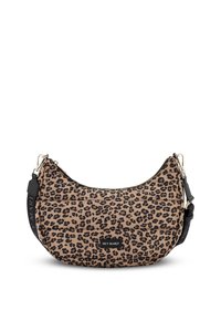Schultertasche mit Leopardenmuster in Tan und Schwarz, aus gepolstertem Stoff gefertigt, mit einem Reißverschluss und einem verstellbaren Trageriemen mit Markenlogo.