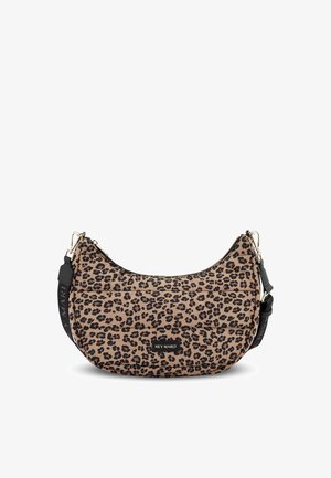 Leopard-print shoulder bag in tan and black, made of padded fabric, featuring a zip closure and an adjustable strap with branding detail.