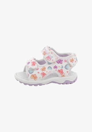 Sandalo bianco per bambini con suola viola, decorato con cuori multicolori e fiocchi, con fascette in velcro regolabili per una calzata sicura.