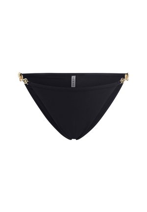 Black bikini bottom made of smooth fabric with gold accents on the sides. Features a low-rise cut and subtle stitching detail.