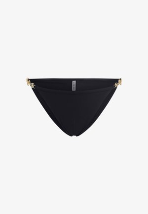 Black bikini bottom made of smooth fabric with gold accents on the sides. Features a low-rise cut and subtle stitching detail.