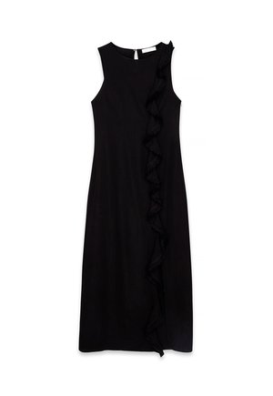 Robe midi noire sans manches avec encolure ronde et bordure froncée verticale courant en diagonale de l'épaule à l'ourlet.