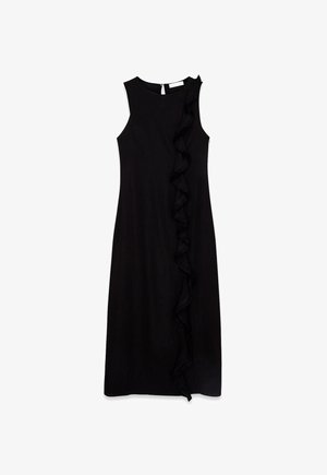 Melnā bezpiedurkņu midijas kleita ar apaļu dekoltē un vertikāliem volāniem, kuri stiepjas no pleca līdz hemam slīpi.