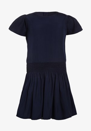 Granatowa sukienka z krótkim rękawem, z okrągłym dekoltem, marszczoną talią i plisowanym dołem.