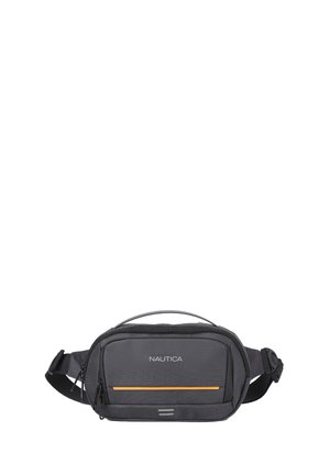 Gray fabric waist bag with an orange stripe. Features a top handle and adjustable strap. Zippered compartment for secure storage.
