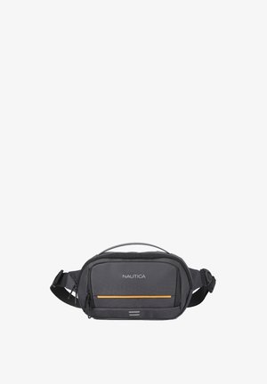 Borsetta in tessuto grigio con una striscia arancione. Presenta una maniglia superiore e una tracolla regolabile. Comparto con zip per una conservazione sicura.