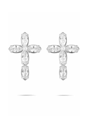 Silberne, kreuzförmige Ohrringe mit sechs marquise-förmigen, klaren Edelsteinen, die um eine kleine zentrale Perle auf jedem Ohrring angeordnet sind.
