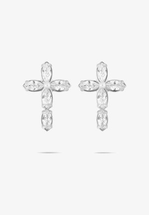 Sølvøreringe i korsform med seks marquise-slebne klare ædelsten arrangeret omkring en lille central perle på hver ørering.