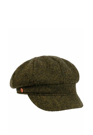 Brown and black textured wool flat cap with a short brim and a small round red logo pin on the side.