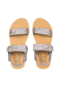 Grå mønstrede sandaler med to justerbare stropper, flad tan fodseng og Roxy-logo på sålen. Holdbart materiale, afslappet design.
