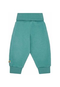 Pantaloni della tuta in pile verde acqua con vita e polsini a costine. Presentano cuciture laterali e un piccolo etichetta multicolore vicino al polsino sinistro. Texture morbida.