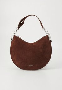 Brun mocka halvmåne-axelväska med avtagbar rem och silverdetaljer, Coccinelle-logotyp i mitten fram.