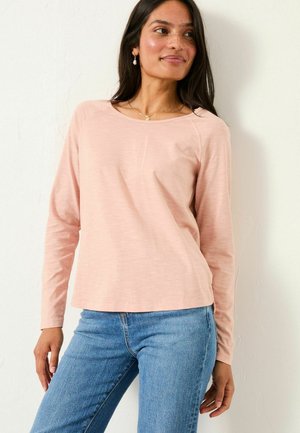 Helles rosa Langarmshirt mit rundem Ausschnitt und entspannter Passform, kombiniert mit blauen Jeans. Sanfte Textur und subtil gestreiftes Muster.