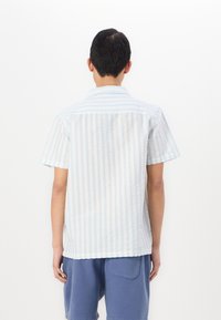 Camicia a maniche corte vista dalla schiena, in blu chiaro e righe bianche. Caratterizzata da un colletto, orlo dritto e tessuto traspirante.