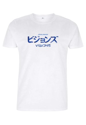 Hvid bomulds t-shirt med blå tekst: "STAR WARS," japanske tegn og "VISIONS." Kortærmet og med rund hals.