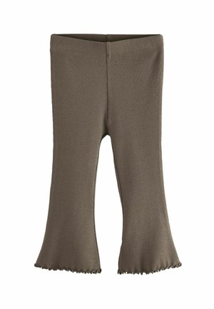 Leggings évasés côtelés marron avec une coupe ajustée et des ourlets ondulés décoratifs. Texture douce avec une taille élastique pour le confort et la flexibilité.