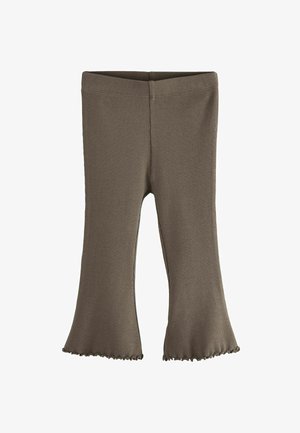 Leggings flared a coste marrone con una vestibilità aderente e orli decorativi ondulati. Tessuto morbido con una vita elastica per comfort e flessibilità.