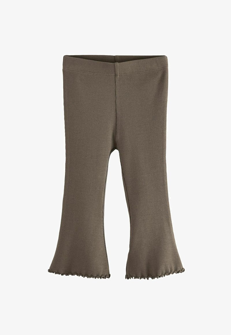 Leggings flared a coste marrone con una vestibilità aderente e orli decorativi ondulati. Tessuto morbido con una vita elastica per comfort e flessibilità.