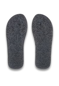 Sorte gummiflip-flops med en tekstureret overflade, der har geometriske mønstre og to cirkulære detaljer nær toppen.