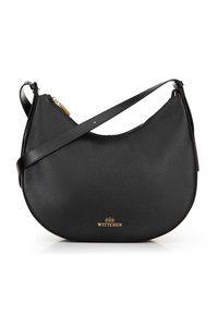 Black textured leather crescent-shaped shoulder bag with gold zipper and Wittchen logo in gold lettering.