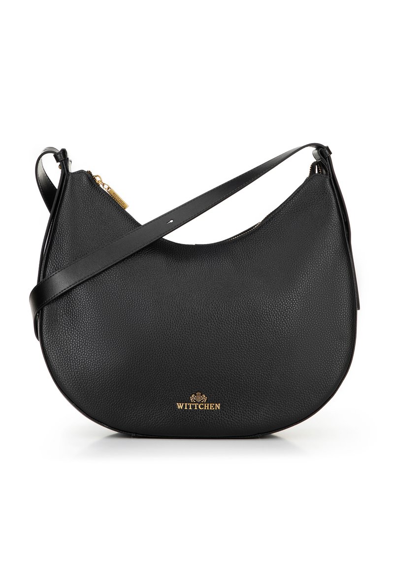 Black textured leather crescent-shaped shoulder bag with gold zipper and Wittchen logo in gold lettering.