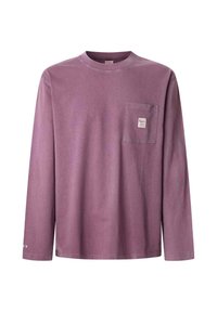 Long-sleeve, crew neck T-shirt in a muted purple color. Features a chest pocket with a label and a subtle hem accent. Made from cotton.