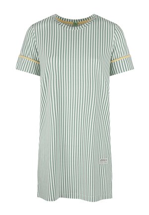 T-shirt met korte mouwen in groen en witte verticale strepen, met een gouden accent bij de mouwen en een vierkant label aan de onderrand.