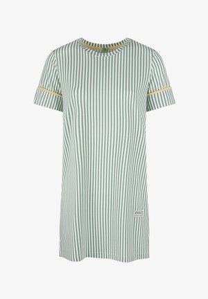 T-shirt met korte mouwen in groen en witte verticale strepen, met een gouden accent bij de mouwen en een vierkant label aan de onderrand.