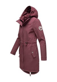 Maroon waterproof coat with a quilted hood, adjustable waist drawstring, two front pockets, and logo detail on the sleeve.