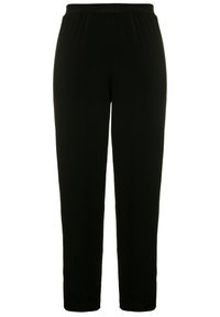 Zwarte broek met elastische tailleband van zachte stof. Rechtmodel zonder zichtbare patronen of accenten. Soepele textuur.