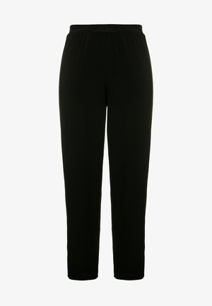 Pantalones de cintura elástica negra hechos de tela suave. Diseño de pierna recta sin patrones ni acentos visibles. Textura suave.