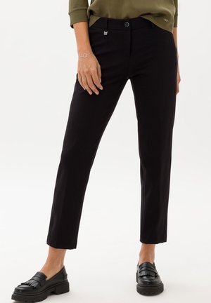 Black tailored pants with a slim fit, made of fabric with slight stretch. Features a button and zip closure, and front pockets.