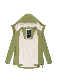 Grön jacka med en mjuk, vit fleecefoder. Den har en huva, framknappar och en svart etikett med dekorativa grafik.