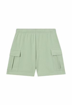 Light green cargo shorts with an elastic waistband, side pockets, and a smooth texture. The design features minimal seams and no visible hardware.