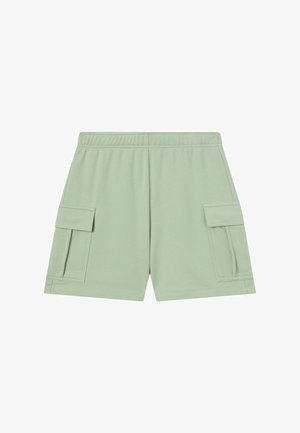 Shorts cargo vert clair avec une taille élastique, des poches latérales et une texture lisse. Le design présente des coutures minimes et aucun matériel visible.