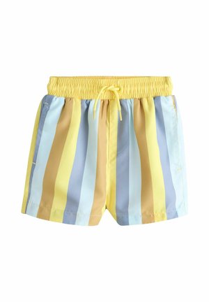 Raidalliset uimashortsit pastellin keltaisina, sinisinä ja beigenä. Niissä on joustava vyötärönauha, jossa kiristysnaru, sekä sivutaskut. Kankaan pinta on sileä.