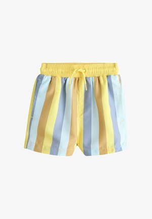 Svītrainas peldbikses pasteļdzeltenā, zilā un bēšā krāsā. Tām ir elastīgs vidukļa josta ar auklu un sānu kabatas. Gluda auduma tekstūra.