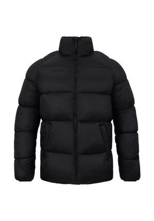 Schwarze Steppjacke mit hohem Kragen, Frontreißverschluss, Seitentaschen und dezentem Logo auf der Brust, für kalte Wetterbedingungen entworfen.